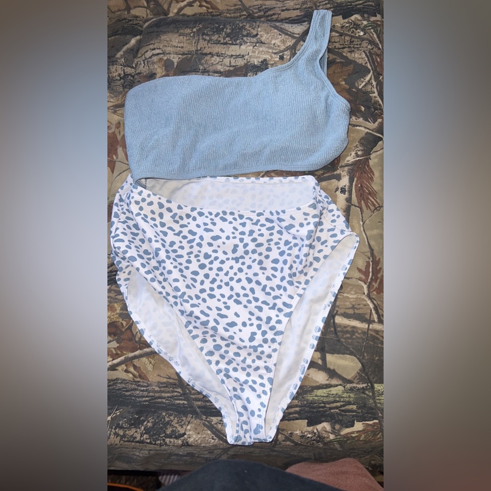 One-Shoulder Blue and White Swim One Piece